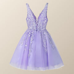 Bridesmaids Dresses Sale, V Neck Lavender Appliques A-line Short Homecoming Dress