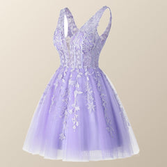 Bridesmaid Dresses Sales, V Neck Lavender Appliques A-line Short Homecoming Dress