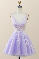 Evening Gown, V Neck Lavender Sequin A-line Short Dress