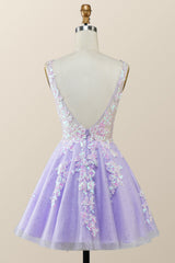 Black Bridesmaid Dress, V Neck Lavender Sequin A-line Short Dress