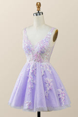 Purple Prom Dress, V Neck Lavender Sequin A-line Short Dress