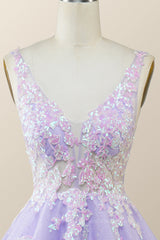 Homecoming Dress, V Neck Lavender Sequin A-line Short Dress