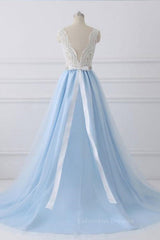 Plu Size Wedding Dress, V Neck Light Blue Lace Prom Dresses, Light Blue Lace Formal Evening Dresses