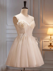 Bridesmaid Dresses Long, V Neck Light Champagne Tulle Short Prom Dresses, Short Champagne Tulle Formal Homecoming Dresses