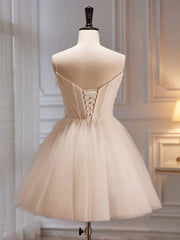 Bridesmaid Dress Elegant, V Neck Light Champagne Tulle Short Prom Dresses, Short Champagne Tulle Formal Homecoming Dresses