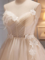 Bridesmaid Dress Formal, V Neck Light Champagne Tulle Short Prom Dresses, Short Champagne Tulle Formal Homecoming Dresses