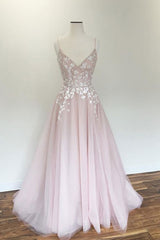 Bridal Bouquet, V Neck Light Pink Tulle Lace Prom Dresses, Light Pink Tulle Lace Formal Evening Dresses
