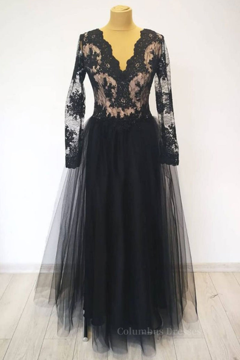 Ball Gown, V Neck Long Sleeves Black Lace Long Prom Dress, Long Sleeves Black Lace Formal Dress, Black Lace Evening Dress