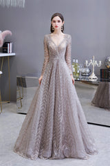 Bridesmaid Dresses Convertable, V-neck Long Sleeves Floor Length Lace A-line Prom Dresses