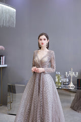 Bridesmaid Dresses Convertible, V-neck Long Sleeves Floor Length Lace A-line Prom Dresses