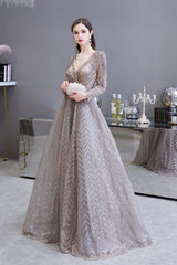 Bridesmaids Dress Convertible, V-neck Long Sleeves Floor Length Lace A-line Prom Dresses