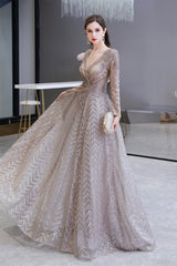 Bridesmaid Dress Convertible, V-neck Long Sleeves Floor Length Lace A-line Prom Dresses