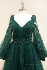 Prom Dresses For 45 Year Olds, V Neck Long Sleeves Green Lace Prom Dresses, V Neck Green Lace Formal Evening Dresses