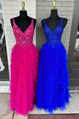 Evening Dresses Cheap, V-Neck Magenta Lace Appliques Layered Tulle Prom Dress