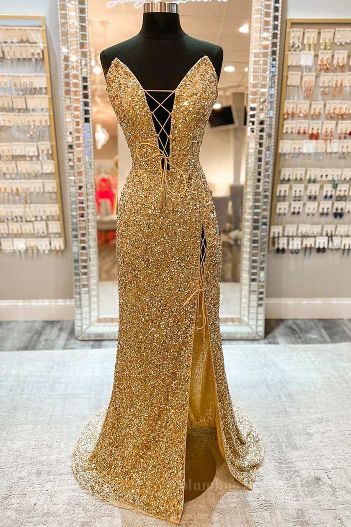 Party Dress On Line, V Neck Mermaid Golden Sequins Long Prom Dress with High Slit, Mermaid Golden Formal Dress, Gold Sequins Evening Dress
