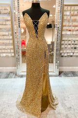 Party Dress On Line, V Neck Mermaid Golden Sequins Long Prom Dress with High Slit, Mermaid Golden Formal Dress, Gold Sequins Evening Dress