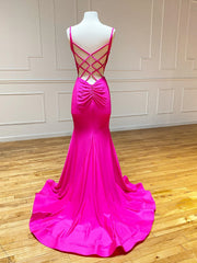 Party Dresses For Teenage Girls, V Neck Mermaid Hot Pink Prom Dresses, Hot Pink Mermaid Backless Formal Evening Dresses