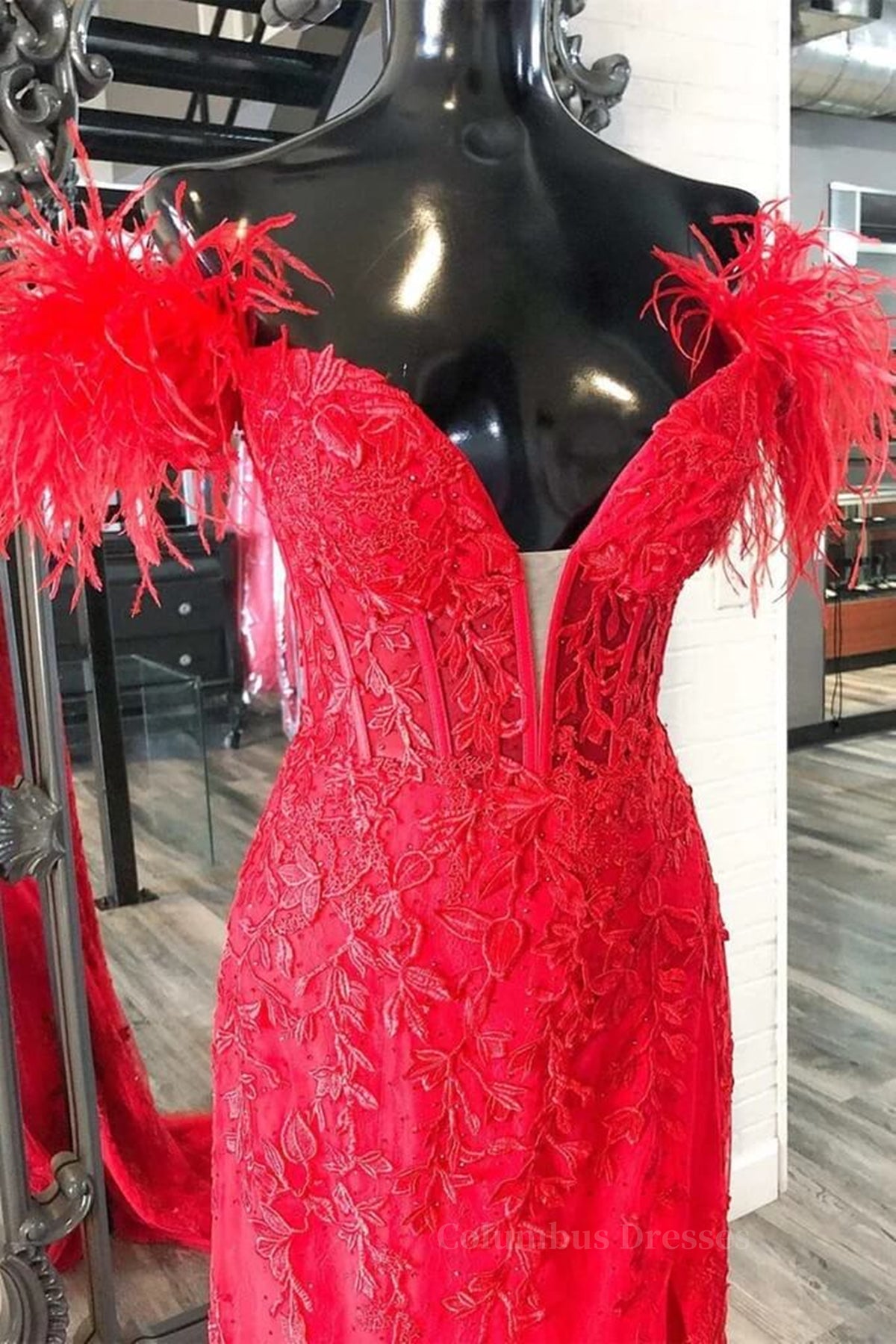 Party Dress Outfit, V Neck Mermaid Off Shoulder Red Lace Long Prom Dress, Mermaid Red Formal Dress, Red Lace Evening Dress