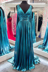 Evening Dresses 2029, V-Neck Metallic Pleated Malachite Blue Prom Dress with Cape