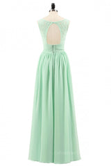 Prom Dresses Long, V Neck Mint Green Lace and Chiffon Long Bridesmaid Dress