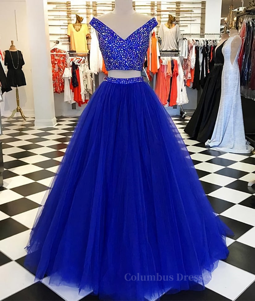 Homecoming Dress Inspo, V Neck Off Shoulder 2 Pieces Beads Blue Tulle Long Prom Dress, Blue 2 Pieces Ball Gown, Evening Dress