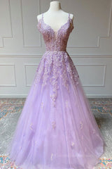 Prom Dress Classy, V Neck Off Shoulder Long Lilac Lace Prom Dress, Off Shoulder Purple Lace Formal Graduation Evening Dress