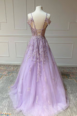Prom Dress Types, V Neck Off Shoulder Long Lilac Lace Prom Dress, Off Shoulder Purple Lace Formal Graduation Evening Dress