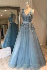 Design Dress Casual, V Neck Open Back Beaded Blue Long Prom Dress with 3D Flowers, Open Back Blue Formal Graduation Evening Dress