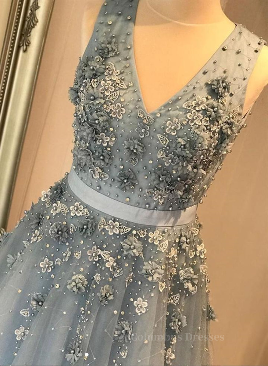 Sweater Dress, V Neck Open Back Beaded Blue Long Prom Dress with 3D Flowers, Open Back Blue Formal Graduation Evening Dress