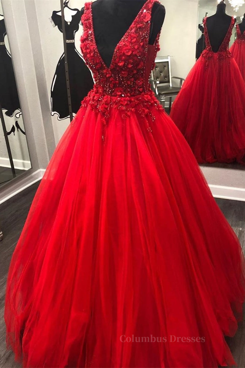 Stunning Dress, V Neck Open Back Beading Red Long Prom Dress with 3D Flower, V Neck Red Formal Dress, Red Evening Dress