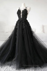 Evening Dress Gowns, V Neck Open Back Black Tulle Lace Floral Long Prom Dresses, Black Lace Formal Evening Dresses with Appliques