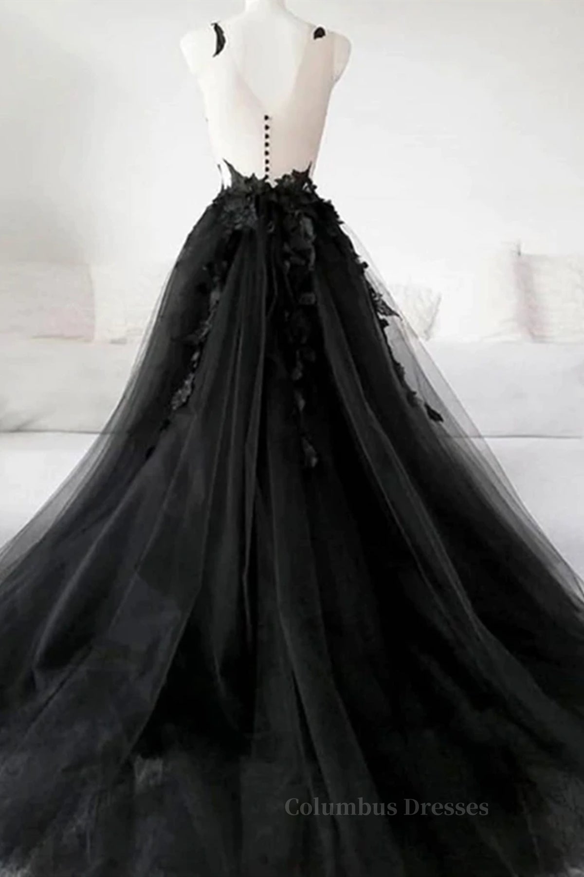 Evening Dress Black, V Neck Open Back Black Tulle Lace Floral Long Prom Dresses, Black Lace Formal Evening Dresses with Appliques