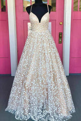 Party Dress For Over 81, V Neck Open Back Champagne Lace Long Prom Dress, Champagne Lace Formal Graduation Evening Dress