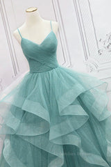 Prom Dresses Shiny, V Neck Open Back Fluffy Green Tulle Long Prom Dresses, Green Formal Evening Dresses, Ball Gown