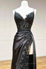 Black Wedding Dress, V Neck Open Back Mermaid Black Lace Long Prom Dress, Mermaid Black Lace Formal Dresses