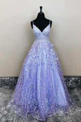 Prom Dress Modest, V Neck Open Back Purple Lace Floral Long Prom Dress, Purple Lace Floral Formal Evening Dress
