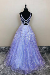 Prom Dress, V Neck Open Back Purple Lace Floral Long Prom Dress, Purple Lace Floral Formal Evening Dress