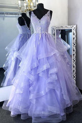 Evening Dress For Sale, V Neck Open Back Purple Lace Long Prom Dresses, Purple Lace Formal Evening Dresses, Purple Ball Gown