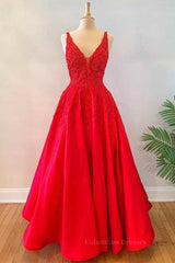 Party Dress Short, V Neck Open Back Red Lace Long Prom Dress, Red Lace Formal Dress, Beaded Red Evening Dress