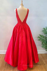 Party Dress Fashion, V Neck Open Back Red Lace Long Prom Dress, Red Lace Formal Dress, Beaded Red Evening Dress