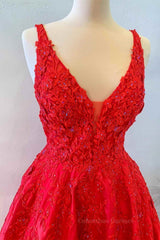 Party Dress Wedding, V Neck Open Back Red Lace Long Prom Dress, Red Lace Formal Dress, Beaded Red Evening Dress