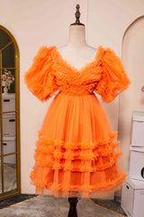 Evening Dress Designer, V-Neck Orange Ruffled Short Homecoming Dress with Puff Sleeves