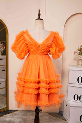Evening Dresses 2030, V-Neck Orange Ruffled Short Homecoming Dress with Puff Sleeves