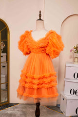 Evening Dress Designs, V-Neck Orange Ruffled Short Homecoming Dress with Puff Sleeves