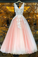 Long Black Dress, V Neck Pink Lace Appliques Long Sweet 16 Prom Dress, Pink Lace Formal Dress, Pink Evening Dress