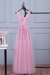 Fall Wedding Color, V Neck Pink Lace Prom Dresses, Pink V Neck Lace Bridesmaid Formal Dresses