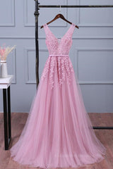 Rustic Wedding, V Neck Pink Lace Prom Dresses, Pink V Neck Lace Bridesmaid Formal Dresses