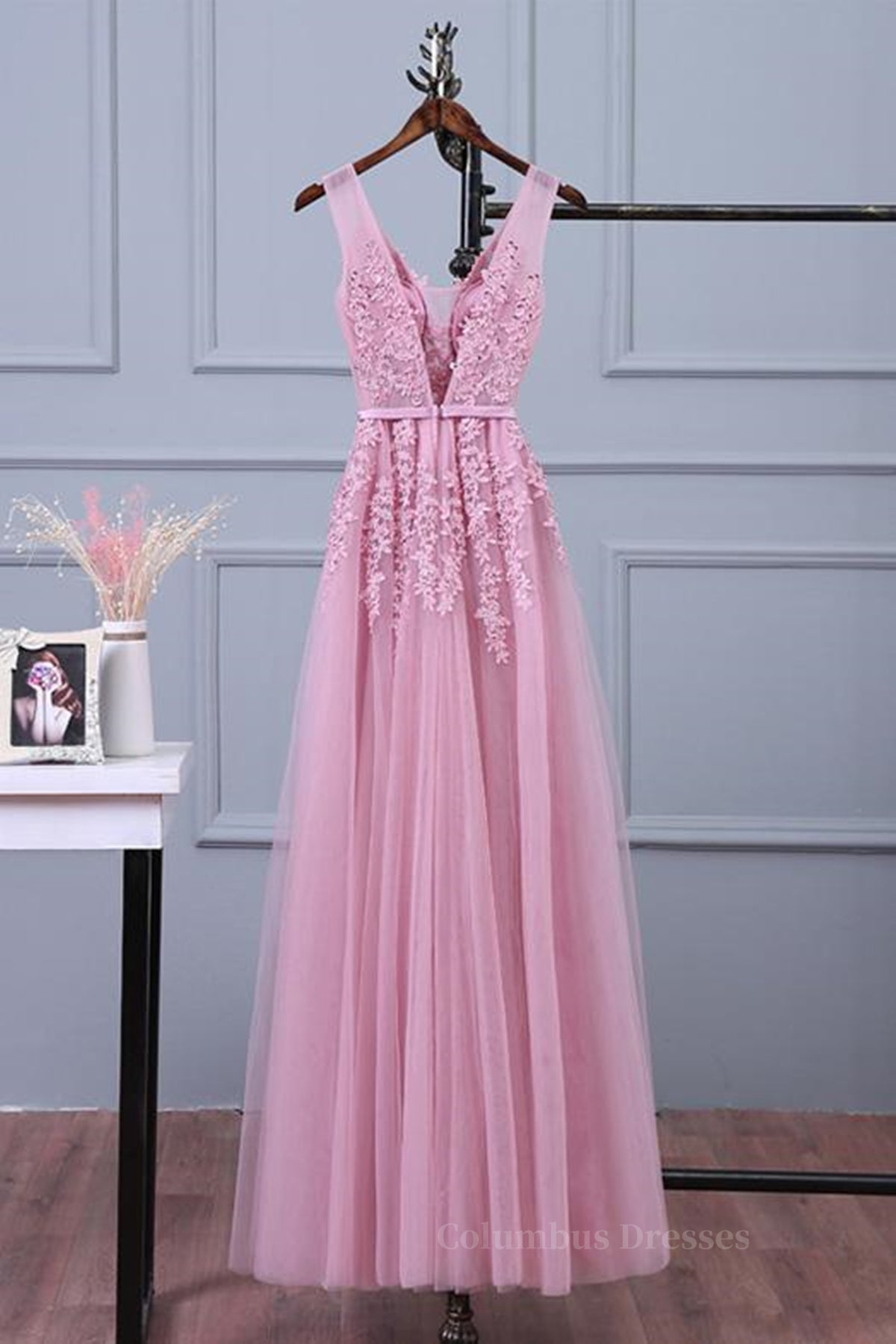 Dream Wedding, V Neck Pink Lace Prom Dresses, Pink V Neck Lace Bridesmaid Formal Dresses