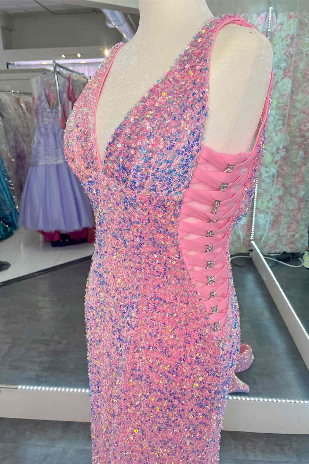 Evening Dress Petite, V-Neck Pink Sequin Long Prom Dress with Slit