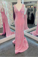 Evening Dresses Petite, V-Neck Pink Sequin Long Prom Dress with Slit